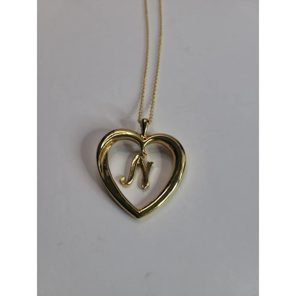 Avon Gold Tone Heart Initial N Pendant Necklace Open Heart Monogram Letter N Cha